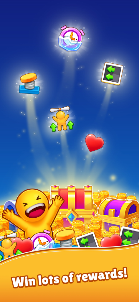 Seat Escape - Yellow character celebrating winning rewards with treasure chests and gold coins in the Seat Escape game