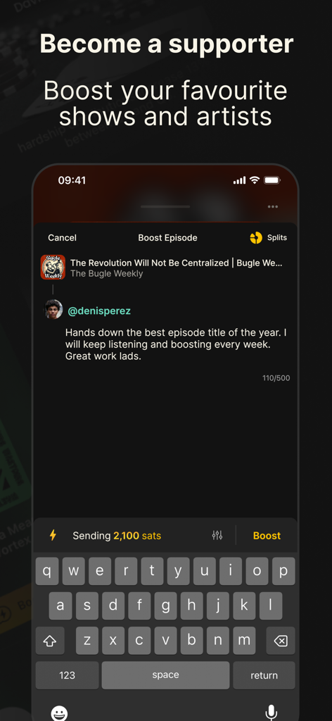 Fountain podcast app interface showing the boost feature for sending micro payments and comments to creators