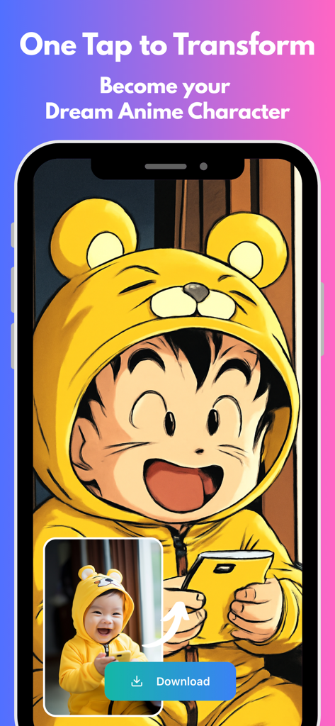 Anime AI: AI Image Generator - A smartphone display showing a photo of a baby in a yellow bear hoodie being transformed into a vibrant anime character using the Anime AI app.