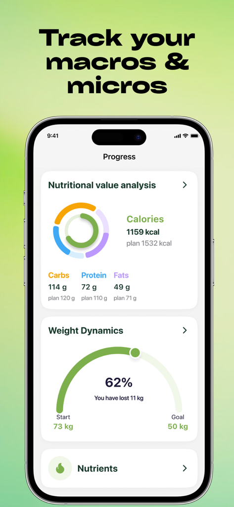 Diet: Weight loss Healthy food - Panel de la app móvil mostrando análisis nutricional y objetivos de pérdida de peso