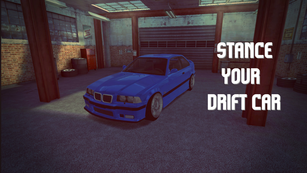 Blue BMW car in a garage with the text Stance Your Drift Car