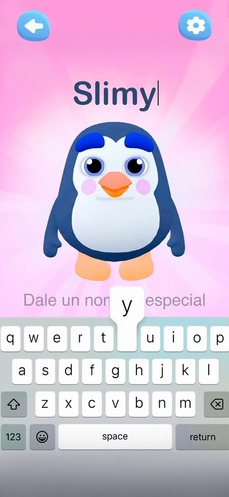 Um personagem de pinguim azul e branco do aplicativo Talk to me Slimy sendo nomeado com um teclado na tela.