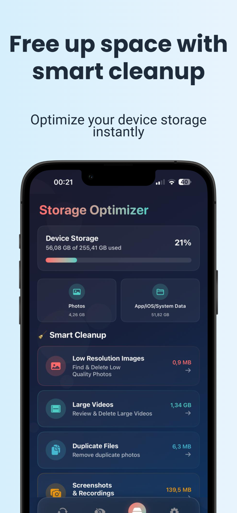 Recover Deleted Photos - Repic - Interfaz de la aplicación Repic mostrando el Optimizador de Almacenamiento y las opciones de limpieza inteligente para iPhone