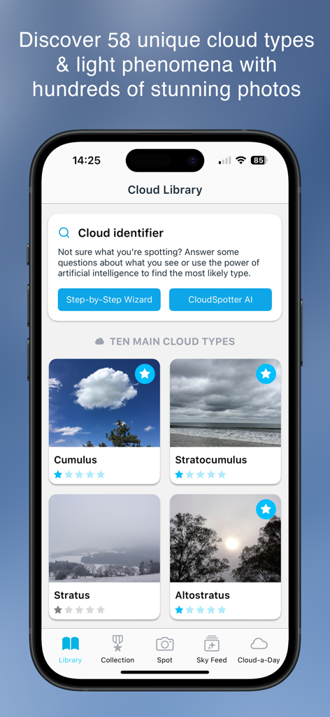 A mobile screen showing the CloudSpotter app library with an AI cloud identifier and various cloud types like Cumulus and Stratocumulus.