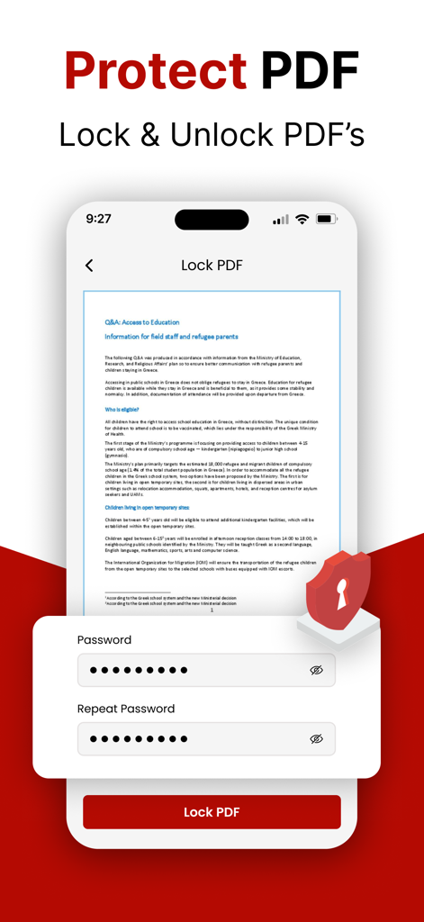 PDF Editor: Fill, Edit, Sign - A mobile interface of a PDF editor app showing password protection and document encryption features with a shield icon.