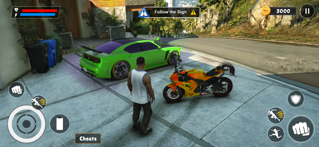 City Gangster Vice Mafia Wars - Jugabilidad mostrando al personaje y vehículos deportivos en City Gangster Vice Mafia Wars