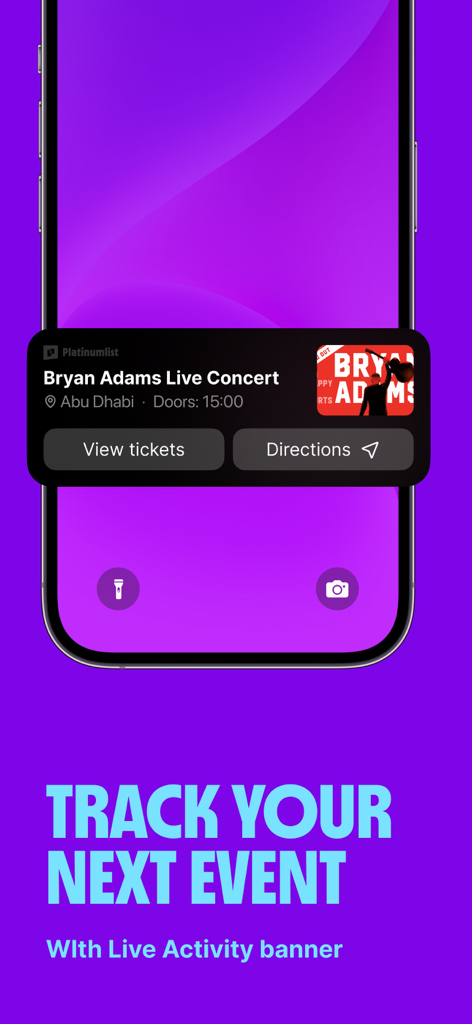 Platinumlist: Events & Tickets - Platinumlist app live activity banner on an iPhone lock screen showing concert details and ticket options