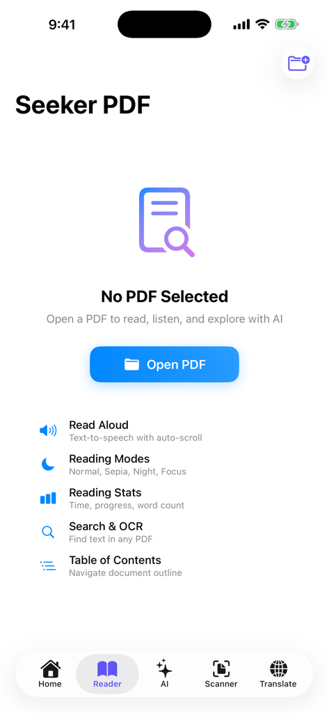 SeekerPDF - SeekerPDFアプリのリーダーインターフェース。読書モード、テキスト読み上げ、OCR検索のオプションが表示されています。