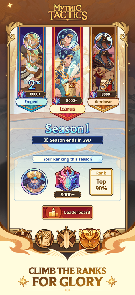 Mythic Tactics: Battleground - Leaderboard screen of Mythic Tactics showing top player rankings and seasonal progress