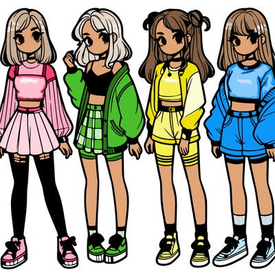 one girl with crop-top shirt and a jacket with a skirt, long socks and another girl with a shirt and pants with a jacket