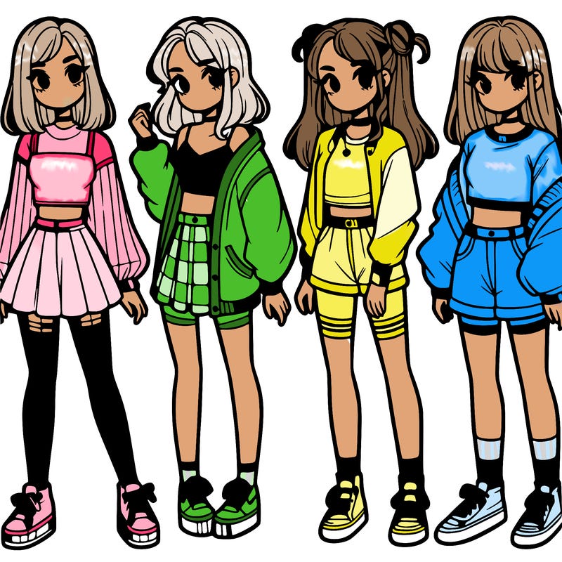 one girl with crop-top shirt and a jacket with a skirt, long socks and another girl with a shirt and pants with a jacket