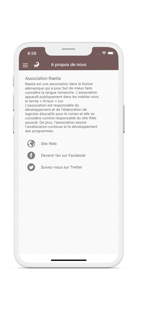 Écran à propos de nous de l'application de dictionnaire romanche-français présentant des informations sur l'Association Raetia.