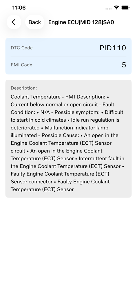 Prevost OBD app showing engine coolant temperature sensor fault description and causes