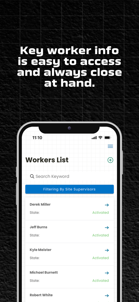 Smartphone screen displaying the Corfix app workers list with site supervisor filters and search functionality