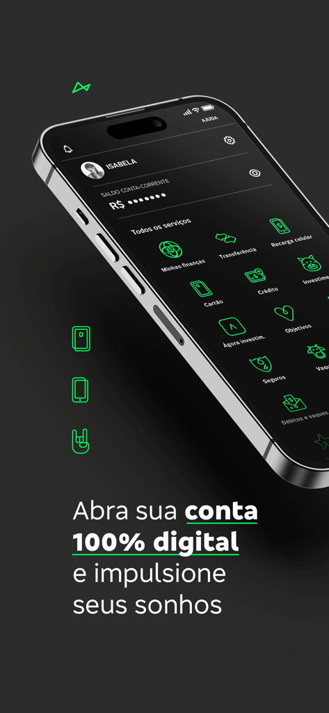 Smartphone exibindo a interface do app de banco digital next com serviços financeiros e uma mensagem de conta 100% digital
