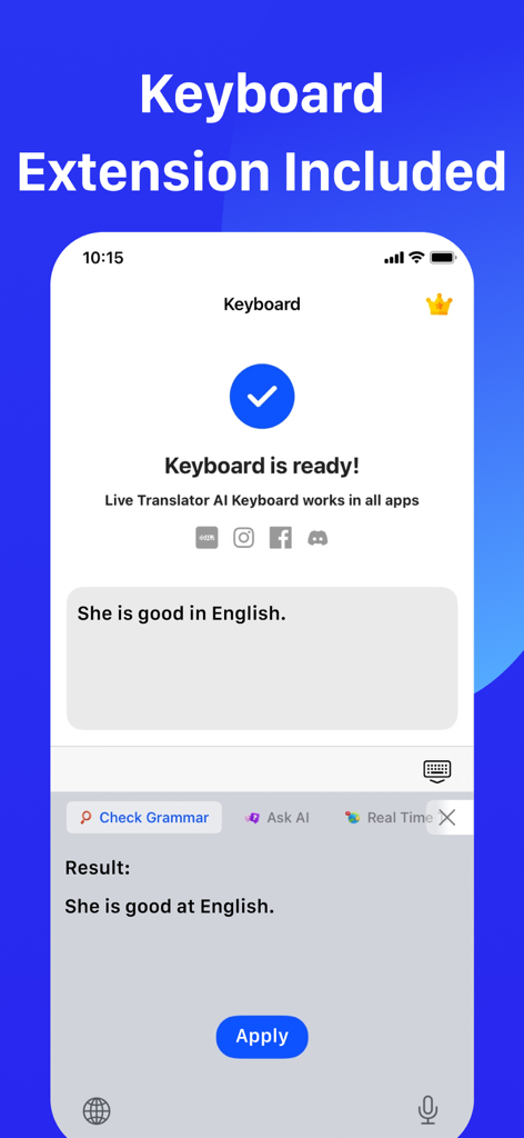 Screenshot of Live Translator app showing the integrated keyboard extension with a grammar correction example from 'She is good in English' to 'She is good at English'.