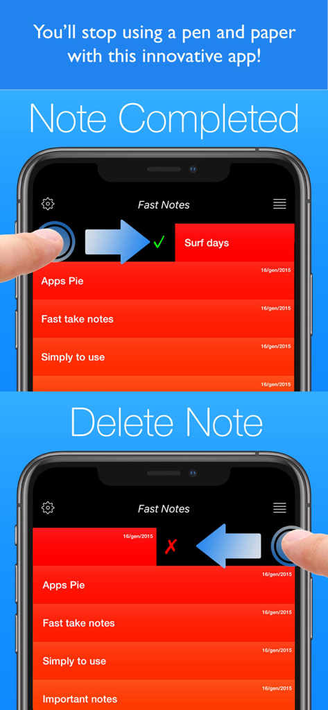 Fast Notes Pro ,Memo and lists - Demonstration of swipe gestures to complete and delete notes in the app interface.