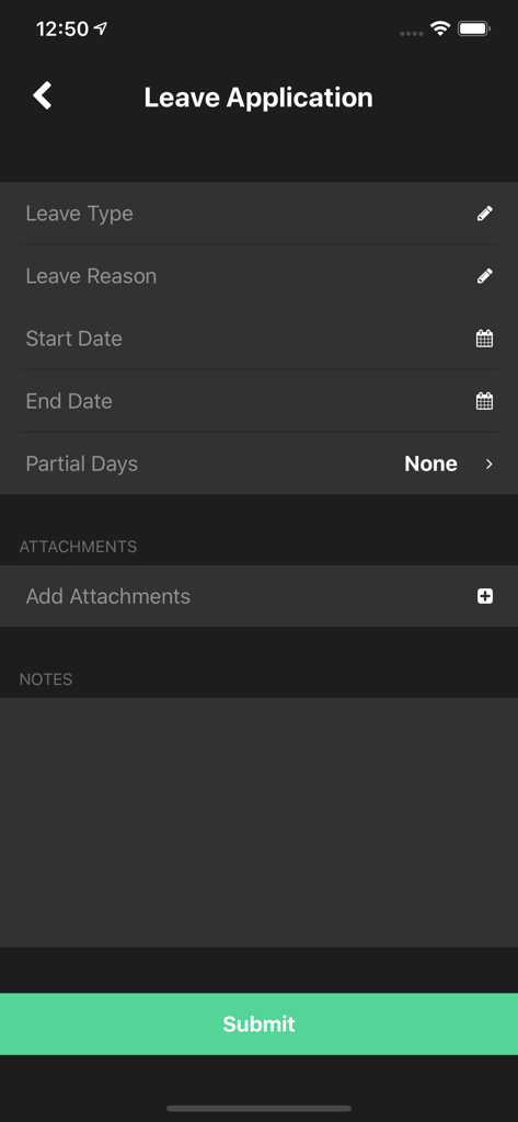 Definitiv TimeClock - Definitiv TimeClock mobile app screen for employees to submit a leave application