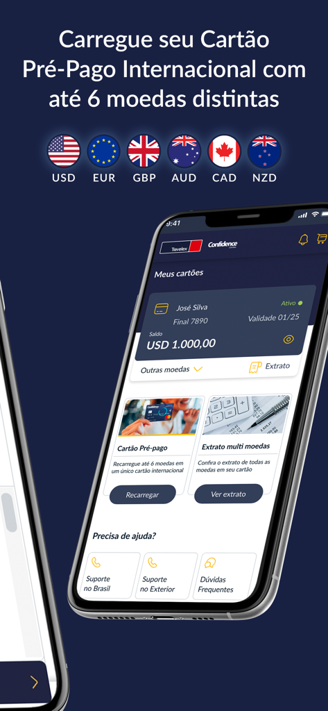 Confidence Câmbio - Interface de l'application Confidence Cambio montrant l'écran de gestion de la carte prépayée internationale avec des options pour plusieurs devises comme le USD et l'EUR