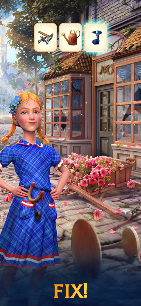 Clockmaker: Match 3 Puzzles - Una chica pelirroja con un vestido azul de pie en una calle de la ciudad con una opción de herramientas para reparar los alrededores
