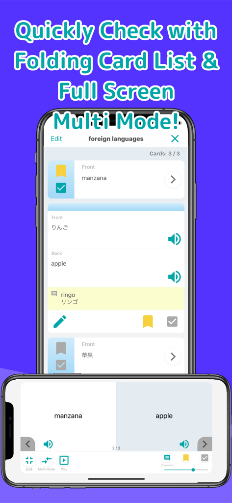 WordHolic app interface showing a list of study cards and a split screen multi mode for language learning