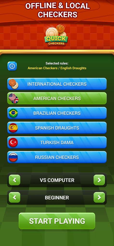 Quick Checkers app interface for selecting rules and difficulty in offline mode