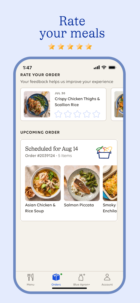 Blue Apron: Meal Kit Delivery - Blue Apron app interface showing meal rating options and scheduled upcoming orders