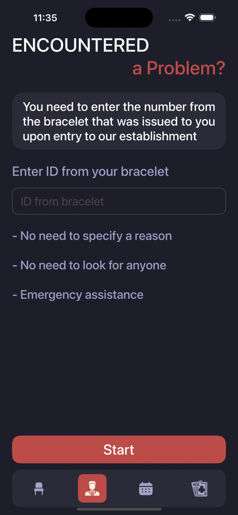 Day Winner Lounge - Assistance request screen in the Day Winner Lounge app for calling a manager with a bracelet ID