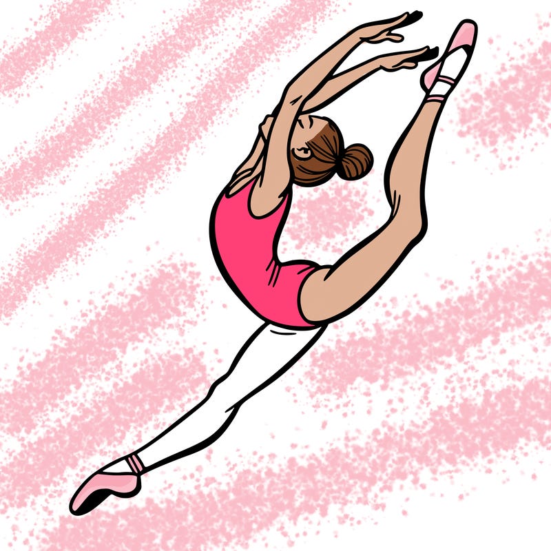 gymnast doing a leap in a leotard with a bent back leg
