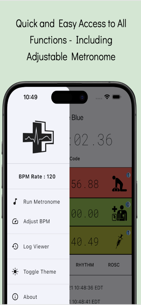 Code Blue: CPR Event Timer - Code Blue app side menu showing adjustable metronome and BPM settings for cardiac arrest management