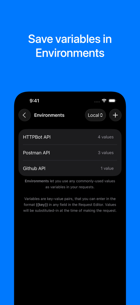 Screenshot of HTTPBot app showing the Environments screen for managing API variables and keys