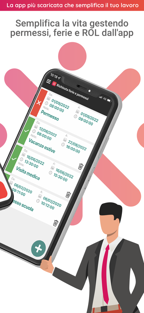 Rilevazione presenze e accessi - Bildschirm eines Smartphones, der die Verwaltung von Urlaubs- und Abwesenheitsanträgen von Mitarbeitern in der Anwesenheitserfassungs-App anzeigt.