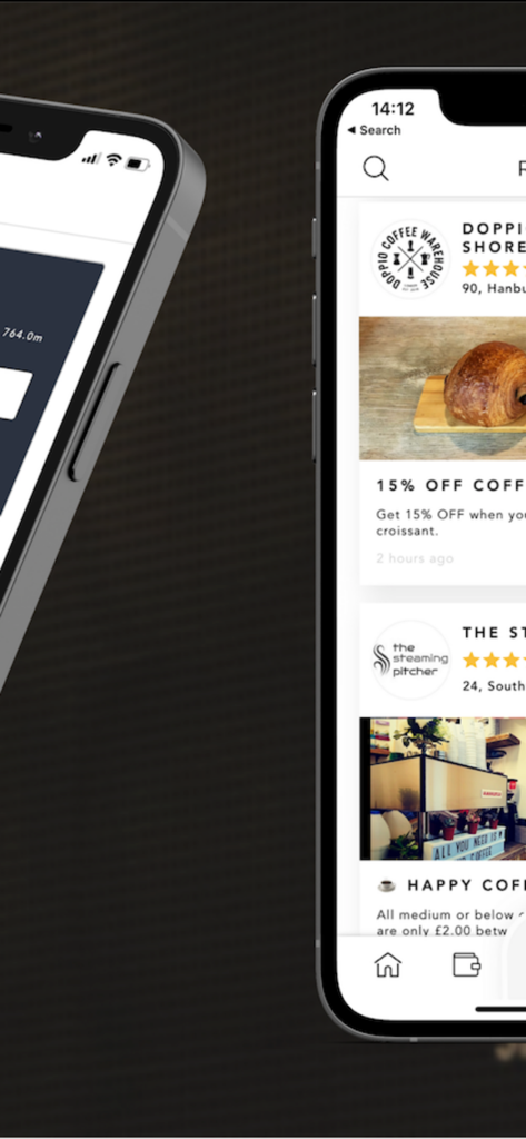 Interfaccia dell'app RWRD su smartphone che mostra sconti e valutazioni di caffetterie indipendenti locali.