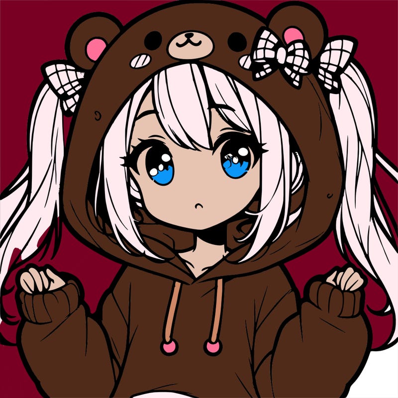 cute anime girl with ponytails and a cute bear hoodie