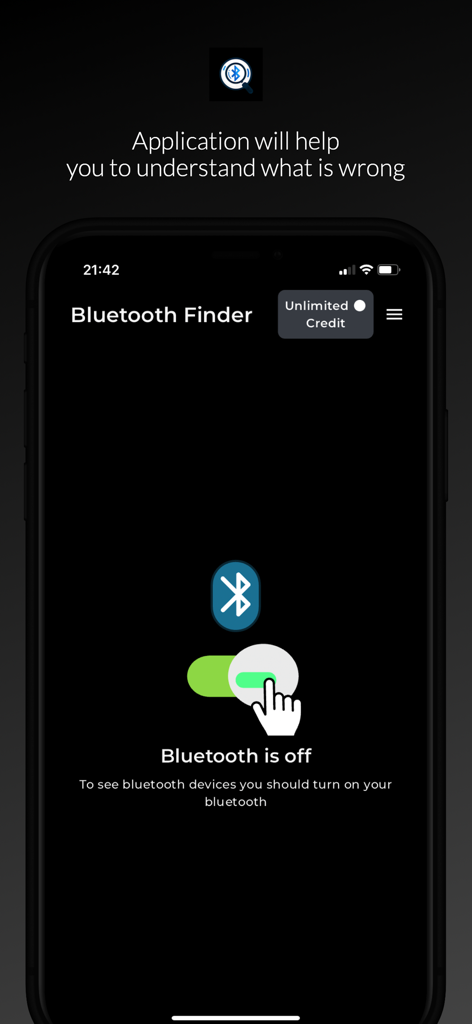 Bluetooth Finder app screen prompting the user to turn on Bluetooth to start scanning for nearby devices.