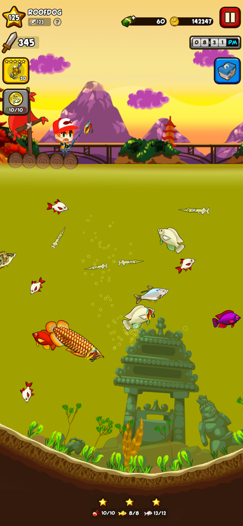 Fishing Break - A mobile game screenshot of Fishing Break showing a character fishing above a colorful underwater scene with exotic fish and ancient ruins