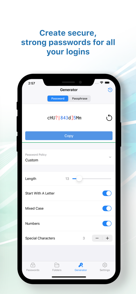 Captura de ecrã da aplicação Zoho Vault a mostrar a interface do gerador de palavras-passe seguro com configurações de caracteres personalizadas