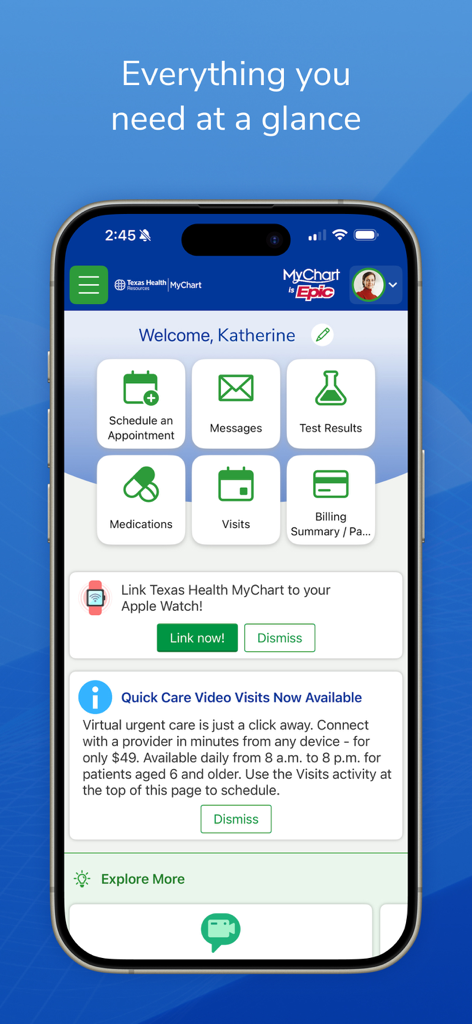 Dashboard of the Texas Health MyChart app displaying medical services and Apple Watch integration