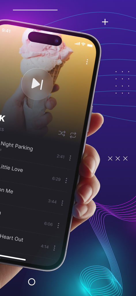 Pantalla del iPhone mostrando la interfaz de la aplicación Reproductor de Música Offline con una lista de canciones y el botón de reproducción