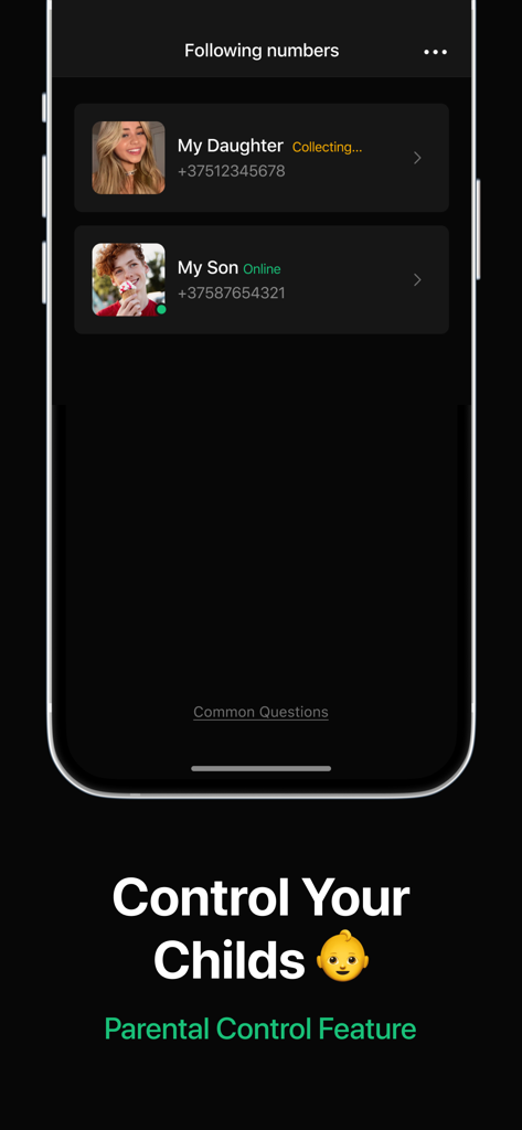 Last Seen Tracker for WhatsApp - Panel de control de la aplicación rastreadora que muestra el estado en línea de los miembros de la familia con texto de control parental