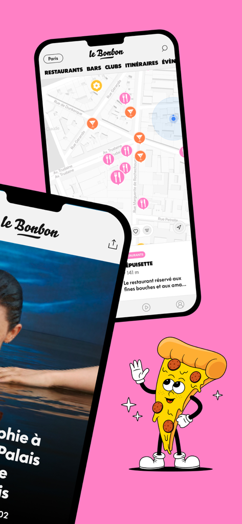 Le Bonbon - Le Bonbonアプリのインターフェース。インタラクティブな都市マップとライフスタイル記事が表示されています。