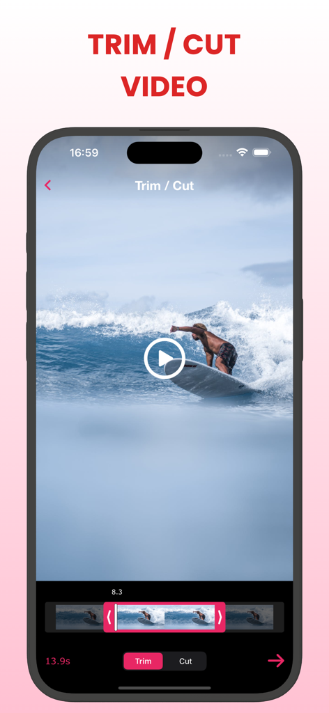 Slow Motion Video FX Editor ® - Interface of the Slow Motion Video FX Editor app showing the trim and cut tool with a video of a surfer on a wave.
