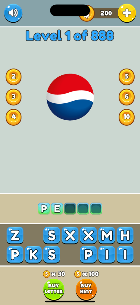 Logo Quiz 2025 Gameplay-Bildschirm, der ein Marken-Ratespiel mit dem Pepsi-Logo zeigt