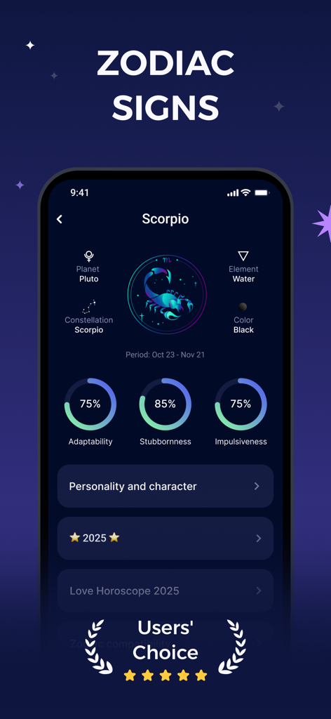 Scorpio zodiac sign profile in the Astro app showing personality traits and horoscope insights