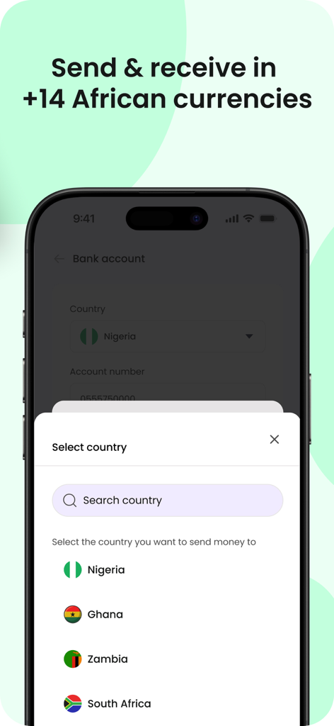 SFx Money App - SFx Money App interface showing options to send and receive money in African countries like Nigeria and Ghana.