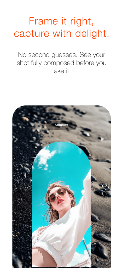 Capria - Capria app interface showing an artistic photo composition of a woman framed in an arch on a beach
