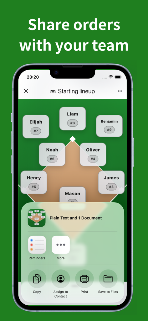Baseball Lineup Maker - A baseball starting lineup on a field diagram with options to share and print