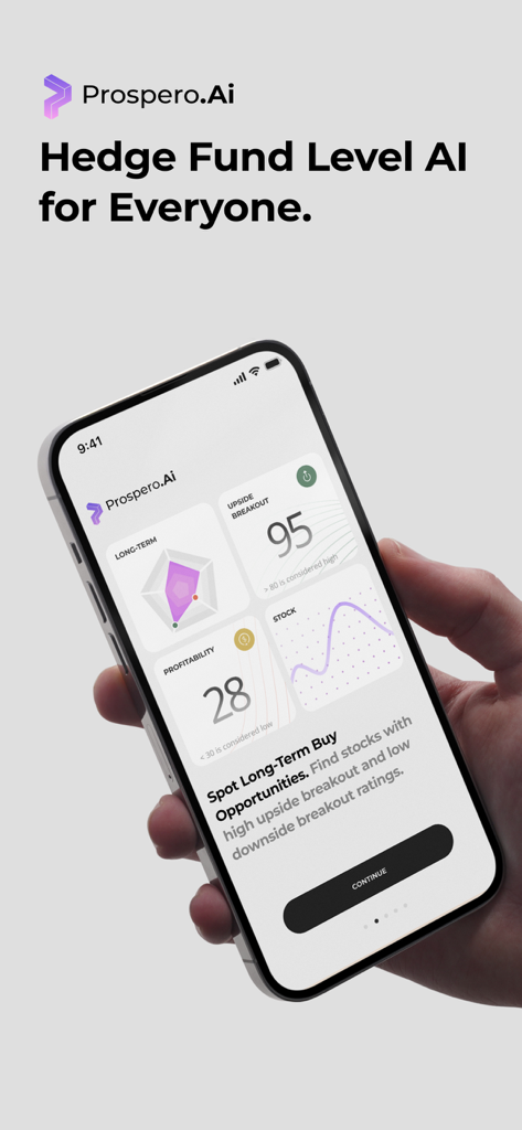 Prospero.Ai - AI Stock Trading - iPhone showing Prospero.Ai app interface with hedge fund level stock market signals and long term buy opportunities