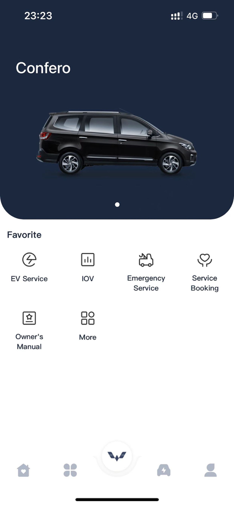 My WULING + - Dashboard dell'app My WULING plus che mostra opzioni di servizio auto e informazioni sul veicolo