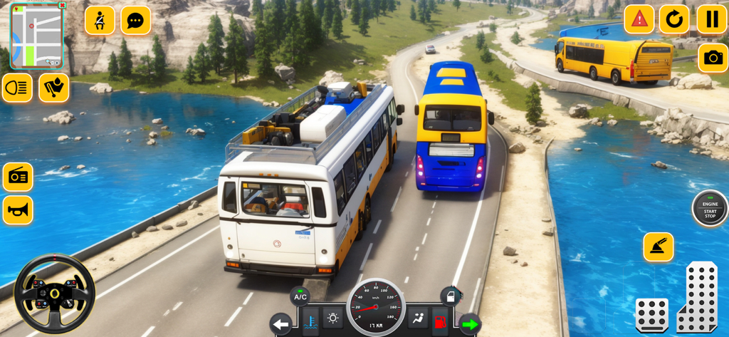 Heavy Bus Driving Hill Station - Gameplay of Heavy Bus Driving Hill Station showing multiple buses on a scenic mountain road with game controls